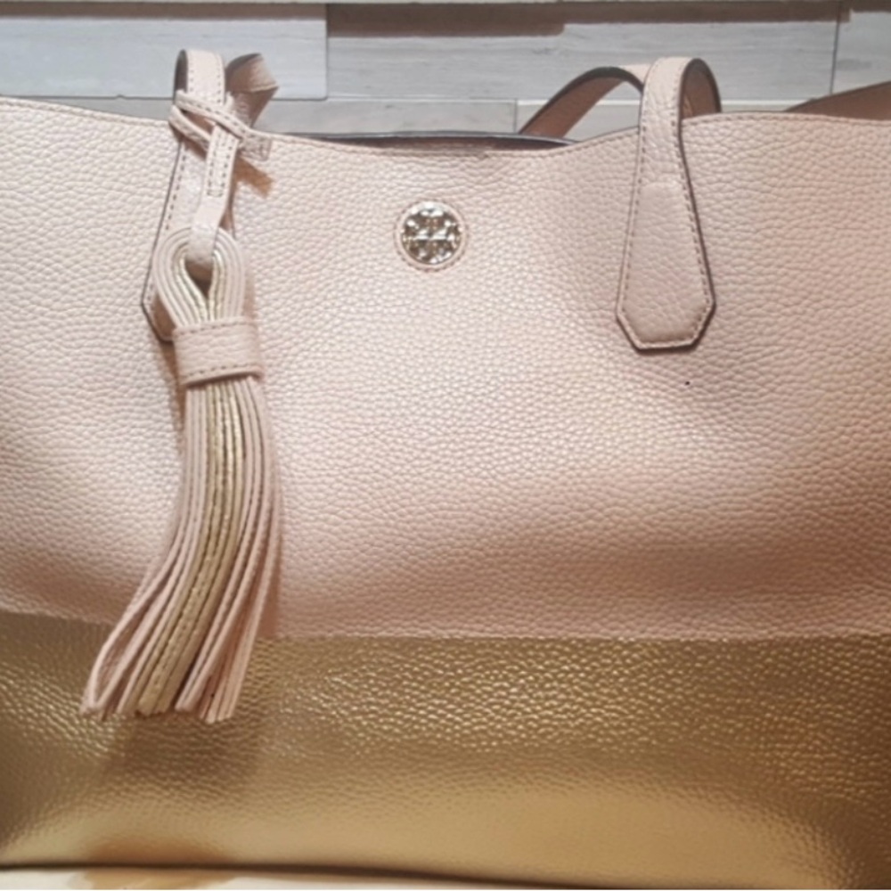 Tory Burch color block tote , pink and gold EUC